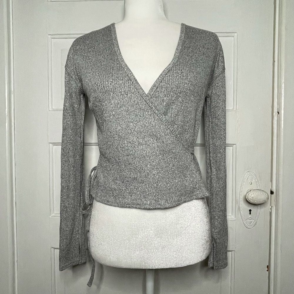 Anthropologie Ribbed Ballet Wrap Top in Grey
